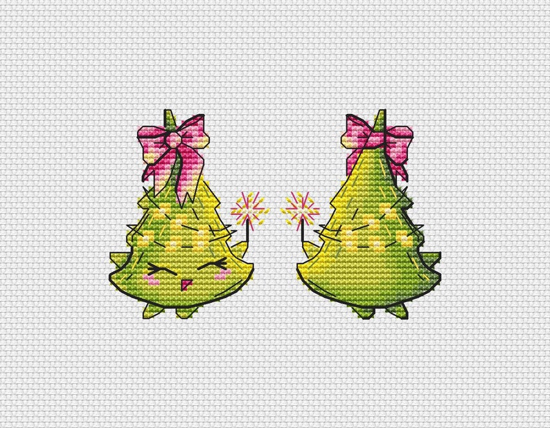 May include: Two green Christmas trees with pink bows and yellow lights, holding sparklers. The trees have smiling faces.
