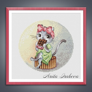 Cross stitch pattern Choco Kitty Cat cross stitch pattern modern embroidery chart counted cross stitch pdf instant download