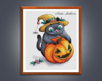 Cross stitch pattern Hello Halloween Cat cross stitch pattern modern embroidery chart counted cross stitch pdf instant download