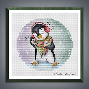 Cross stitch pattern Music Lover Penguin cross stitch pattern modern embroidery chart counted cross stitch pdf instant download image 1