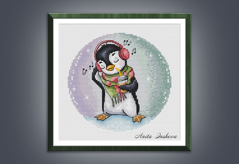 Cross stitch pattern Music Lover Penguin cross stitch pattern modern embroidery chart counted cross stitch pdf instant download image 1