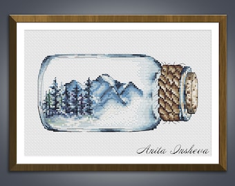 Cross stitch pattern Mountains in the Bottle Nature pattern modern embroidery chart counted cross stitch pdf instant download