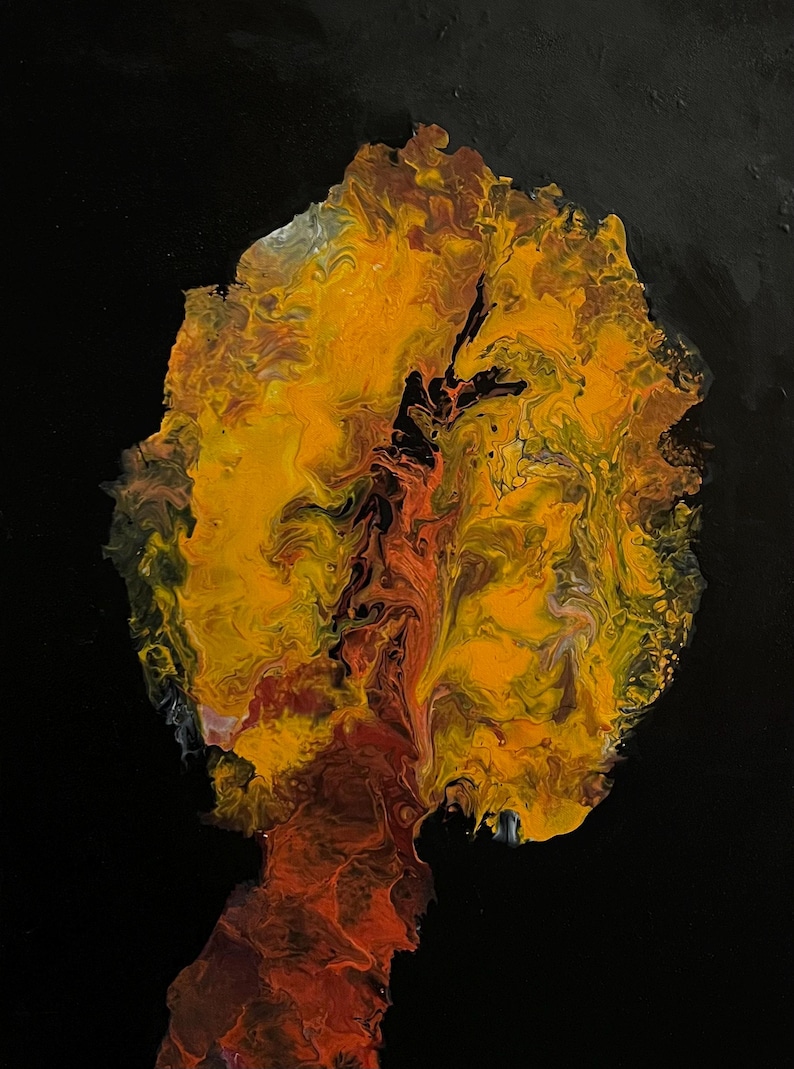 May include: Abstract acrylic painting on a black background. The artwork features a central, organic shape with a blend of yellow, orange, and brown hues. The colors are swirled and layered, creating a textured effect. The painting evokes a sense of warmth and energy.