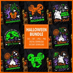 May include: A collection of black t-shirts with Halloween-themed designs. The shirts feature various graphics, including Mickey Mouse silhouettes, haunted houses, and text like "Disney Halloween" and "Halloween 2024". The bundle includes digital download formats.