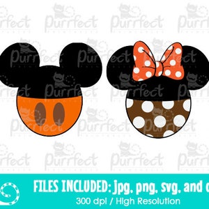 May include: Two cartoon character head silhouettes. The left head is black with orange lower face and two brown ovals. The right head is black with an orange and white polka dot bow, and a brown lower face with white polka dots. Text reads: FILES INCLUDED: jpg, png, svg, and dxf 300 dpi / High Resolution.