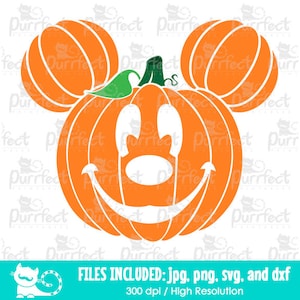 May include: Orange pumpkin design with mouse ears, a green stem, and a smiling face. The image includes the text "FILES INCLUDED: jpg, png, svg, and dxf" and "300 dpi / High Resolution".