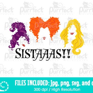 Peut inclure: Graphique numérique avec trois silhouettes de sorcières aux cheveux violets, orange et jaunes, des lèvres rouges et le mot "SISTAAS!!" en noir. Comprend des informations sur le type de fichier et les détails de la résolution.