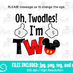 Oh, Twodles I&#39;m Two Mouse SVG、かわいい誕生日の男の子のカットファイル、SVG、DXF、PNG、JPG形式のデジタルカットファイル、印刷可能なクリップアート、即時ダウンロード
