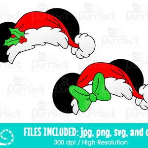 May include: Two Christmas-themed designs featuring red Santa hats with white trim and black Mickey Mouse ears. One hat has holly, the other a green bow. The image includes the text "FILES INCLUDED: jpg, png, svg, and dxf".