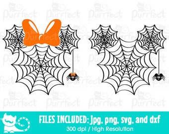 Może przedstawiać: Czarno-biała grafika na Halloween z pajęczynami, pająkami i pomarańczową kokardą. Projekt zawiera tekst "FILES INCLUDED: jpg, png, svg, and dxf" oraz "300 dpi / High Resolution".