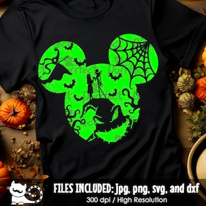 May include: Black t-shirt featuring a neon green Mickey Mouse silhouette design with characters and elements from The Nightmare Before Christmas. Includes bats, a spiderweb, and the text "Perfect". The shirt also includes the text "FILES INCLUDED: jpg, png, svg, and dxf".