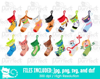 Character Toys Christmas Stockings Design SVG Bundle Pack, Digital Cut Files in svg, dxf, png and jpg, Printable Clipart, Instant Download