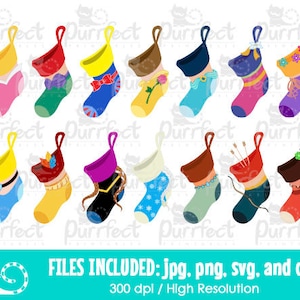 以下が含まれることがあります： 様々なデザインのカラフルなクリスマスストッキングのコレクション。各ストッキングは、ユニークなパターン、リボン、装飾が特徴です。ストッキングは赤、青、黄、緑、紫の色合いで、ホリデーデコレーションに最適です。