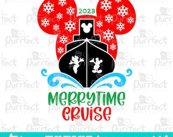 May include: A red Mickey Mouse head with snowflakes and the year 2023. A black cruise ship with Mickey Mouse and Minnie Mouse on the deck. The text "Merrytime Cruise" is in green letters. The text "FILES INCLUDED: jpg, png, svg, and dxf" is below the image. The text "300 dpi / High Resolution" is below the text.