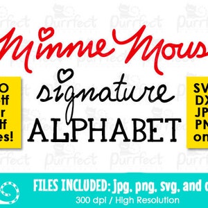 Può includere: Un download digitale di un alfabeto di firma di Minnie Mouse in bianco e nero. Il testo "NO .off or .ttf files!" e "SVG, DXF, JPG, PNG only!" è visualizzato in caselle gialle. Il testo "FILES INCLUDED: jpg, png, svg, and dxf" è visualizzato in una casella blu. Il testo "300 dpi / High Resolution" è visualizzato sotto la casella blu.
