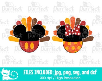 May include: Two digital graphic illustrations of turkey characters with mouse-ear silhouettes. The left character has a red bottom with yellow ovals, while the right character features a red bow with white polka dots and an orange polka-dot bottom.