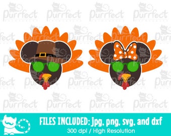 May include: Two turkey illustrations featuring orange tail feathers, brown heads, yellow beaks, and red wattles. One turkey wears a brown hat and green glasses, while the other wears an orange polka-dot bow and green glasses. Text reads: FILES INCLUDED: jpg, png, svg, and dxf.