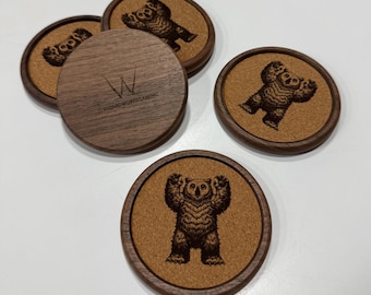 Walnut Coasters with Cork | Owlbear Dungeons and Dragons Skull Smiley Face Mushroom