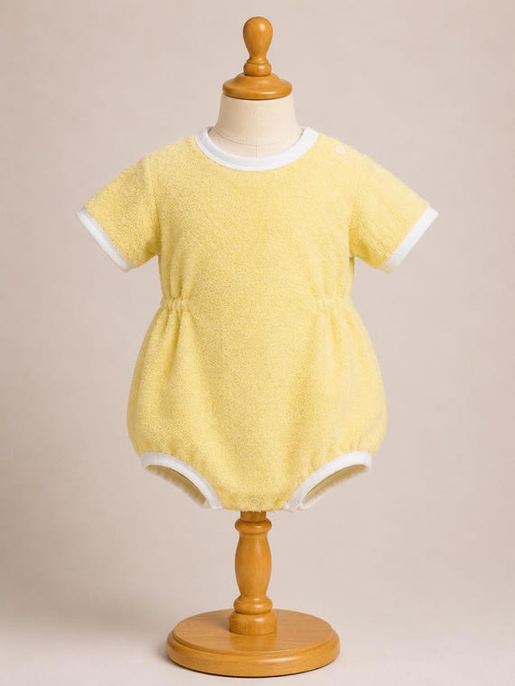 Vintage Yellow Terry Cloth Baby Onesie | Retro Infant Romper with Plastic-Lined Bottoms 301