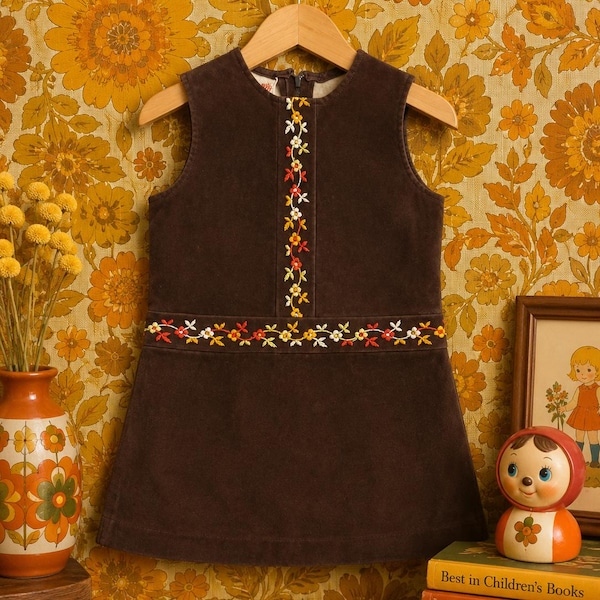 Vintage 1970s Faux Suede Jumper Dress | Floral Embroidered Girls Dress | Mod A-Line Children's Dress | Retro Brown Fall Dress | Boho 258