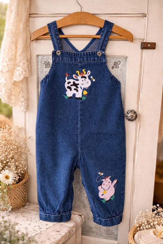 Vintage Denim Toddler Overalls | Embroidered Farm Animals, Cow Pig Appliqué 32