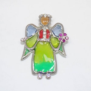 Angel brooch, vintage, epoxy, fancy brooch, rhinestones, stained glass brooch for colorful woman