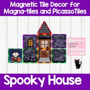 May include: A Halloween-themed magnetic tile decor set, featuring a spooky house design. The house is constructed from gray brick-patterned tiles with a red roof, a door, and a window. A cartoon vampire and a black cat are also included.