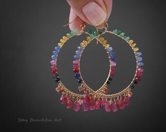 Preсious Gemstone Earrings Sapphire Earrings Tourmaline Earrings Hoop Earrings Gold Hoops Large Hoops Statement Earrings Gemstone Hoops