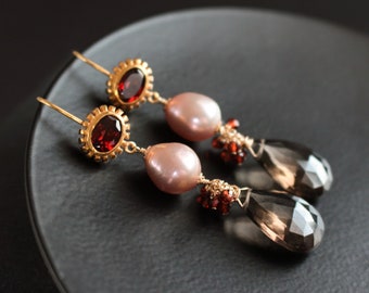 Smoky Quartz Pearl Earrings Garnet Earrings Gemstone Earrings Pink Pearl Earrings Drop Earrings Pearl Drop Earrings Long Earrings