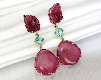 Tourmaline Gold Earrings Gemstone Earrings 10k gold Earrings Pink Stone Earrings Fine Jewelry Earrings Watermelon Tourmaline Jewelry