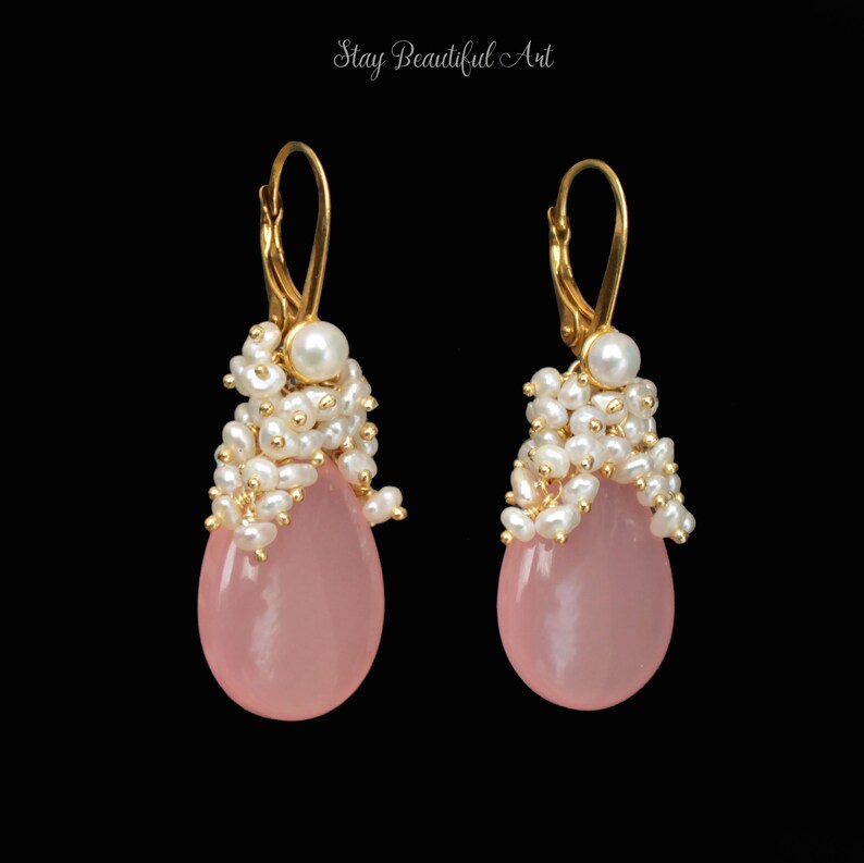 Pink Chalcedony Earrings Pearl Earrings Gemstone Earrings Gold and Gemstone Cluster Earrings Birthstone Earrings gemstone dangles Pink