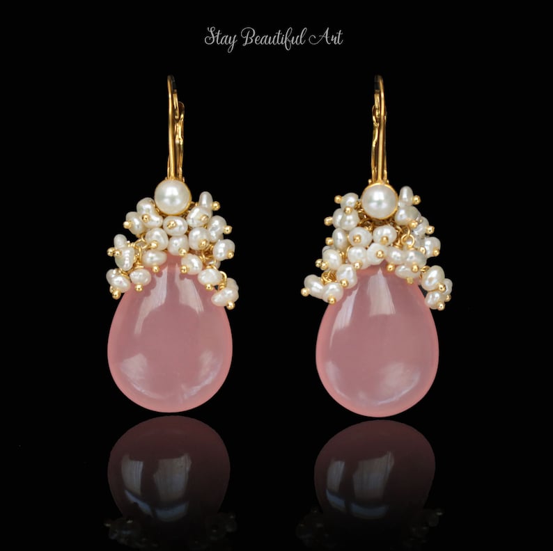 Pink Chalcedony Earrings Pearl Earrings Gemstone Earrings Gold and Gemstone Cluster Earrings Birthstone Earrings gemstone dangles Pink