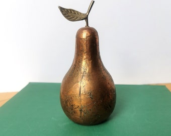 Vintage Copper Pear Sculpture with Brass Stem and Leaf