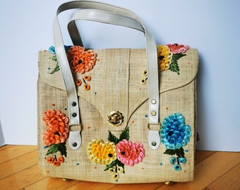 Vintage Mexican Embroidered Straw Raffia Shoulder Bag Handbag Purse