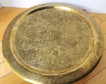 Large 15.5" Vintage Etched Brass Tray Plate Wall Hanging