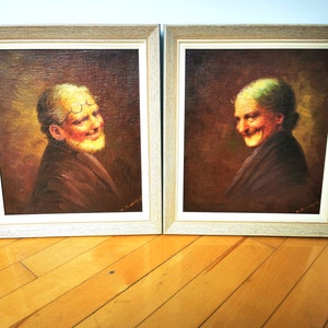 Original Signed Hector Moncayo Pair of Paintings Old Man and Old Woman 1957 Venezuela