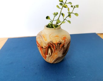 Vintage Small Nemadji Pottery Bud Vase Orange Brown Swirl