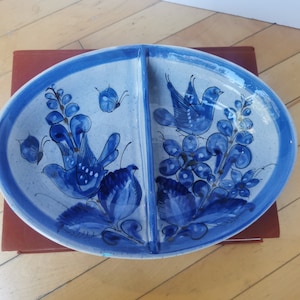 Mexican Hand Painted Tonala Bowl Chip and Dip Serving Platter Blue Bird Dove Design
