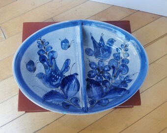 Mexican Hand Painted Tonala Bowl Chip and Dip Serving Platter Blue Bird Dove Design