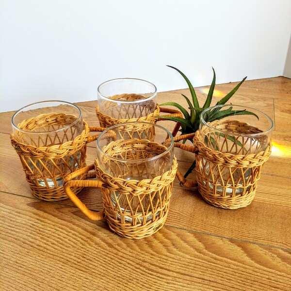Vintage Wicker and Glass Cups Mugs - Set of 4 Glasses with Wicker Holders Sleeves