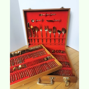 Mid Century Brass Faux Bamboo Cutlery Set for 12 with Serving Pieces in Wood Box 144 Pieces