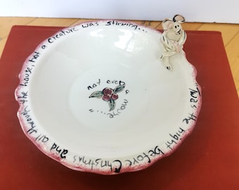 Studio Pottery Hand Made Christmas Cookie Plate Twas the Night Before Christmas Mouse Signed