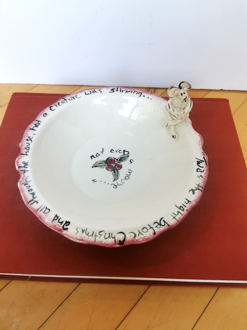 Studio Pottery Hand Made Christmas Cookie Plate Twas the Night Before Christmas Mouse Signed image 1