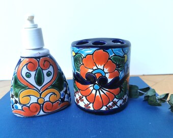 Vintage Mexican Talavera Bathroom Set Soap Dispenser Toothbrush Holder