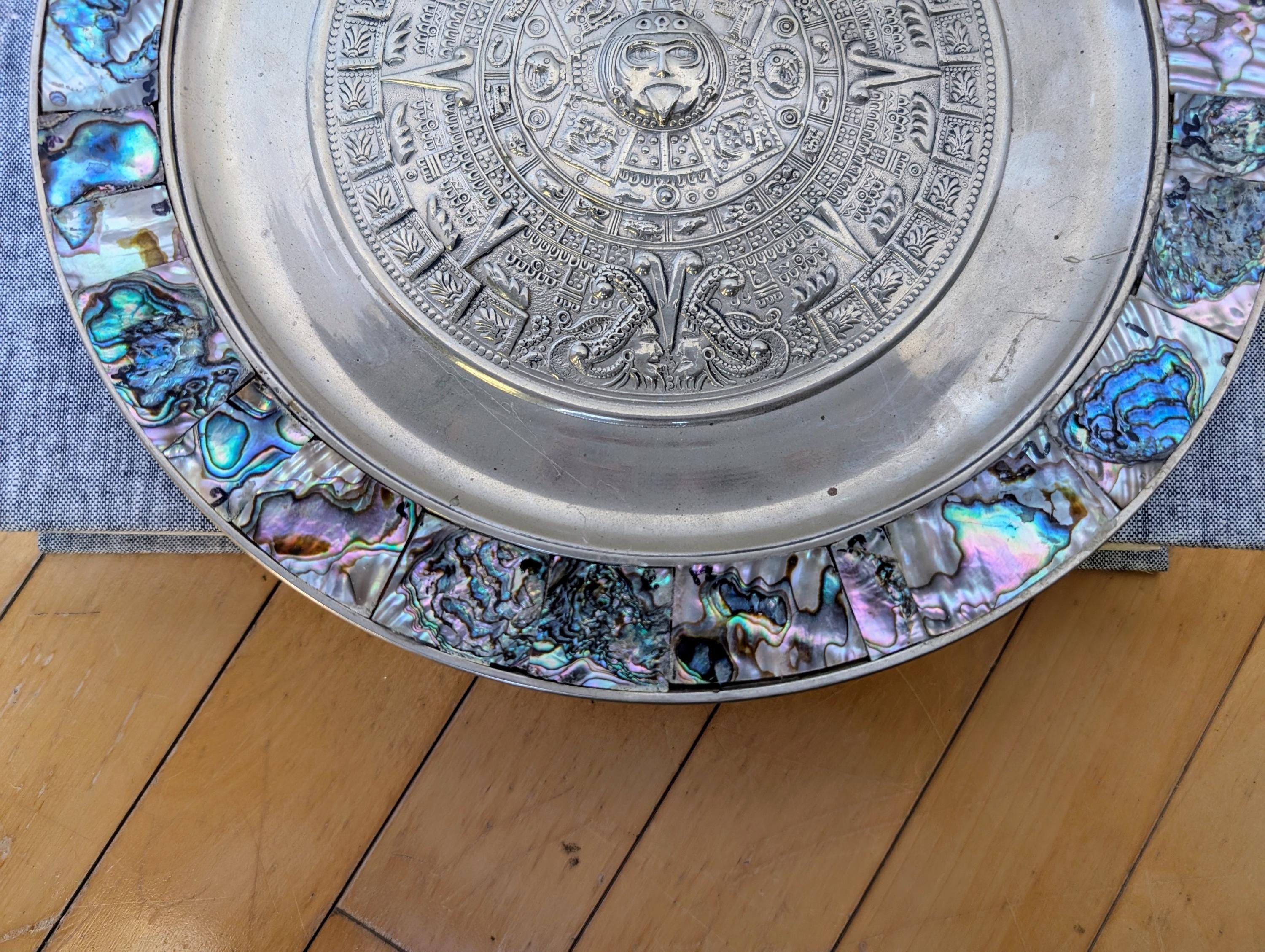 Vintage Mexican Alpaca and Abalone Shell Aztec Mayan Calendar Wall ...