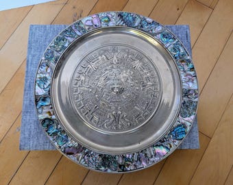 Vintage Mexican Alpaca and Abalone Shell Aztec Mayan Calendar Wall Hanging