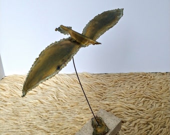 Mid Century Kinetic Bird Seagull Sculpture Torch Cut Brass Granite Base