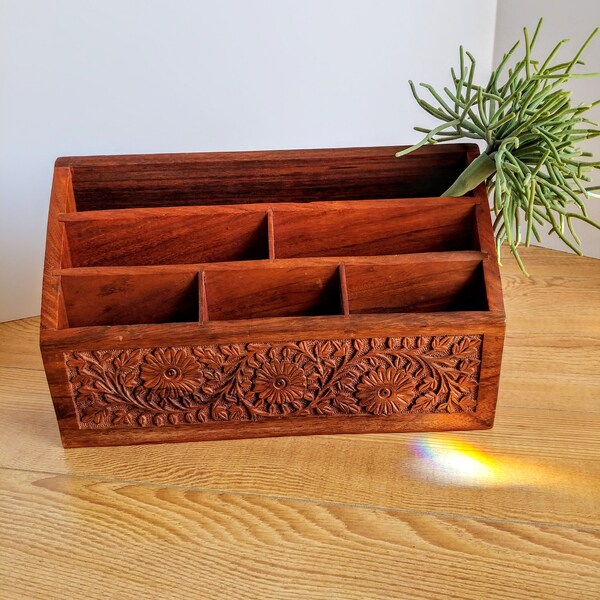 Vintage Indian Hand Carved Wood Desk Mail Organizer Caddy