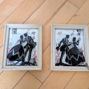 Vintage Pair Reverse Painted Courting Couple Silhouettes on Convex Bubble Glass Framed