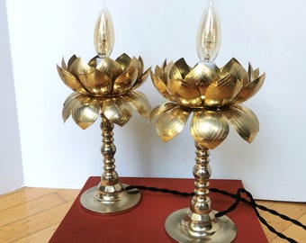 Rare Vintage Pair Brass Lotus Flower Lamps Feldman Lighting Mid Century Water Lilies